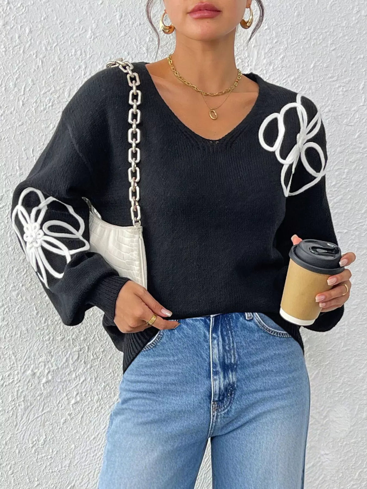 Flower V-Neck Dropped Shoulder Sweater