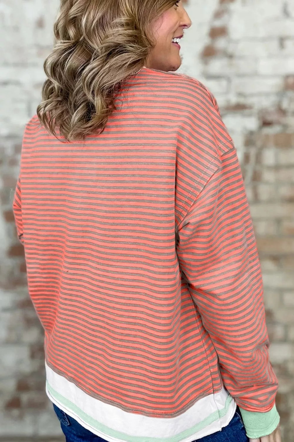Stripe Colorblock Detail Raw Seam Long Sleeve Tunic Top in Burnt Coral, view 4