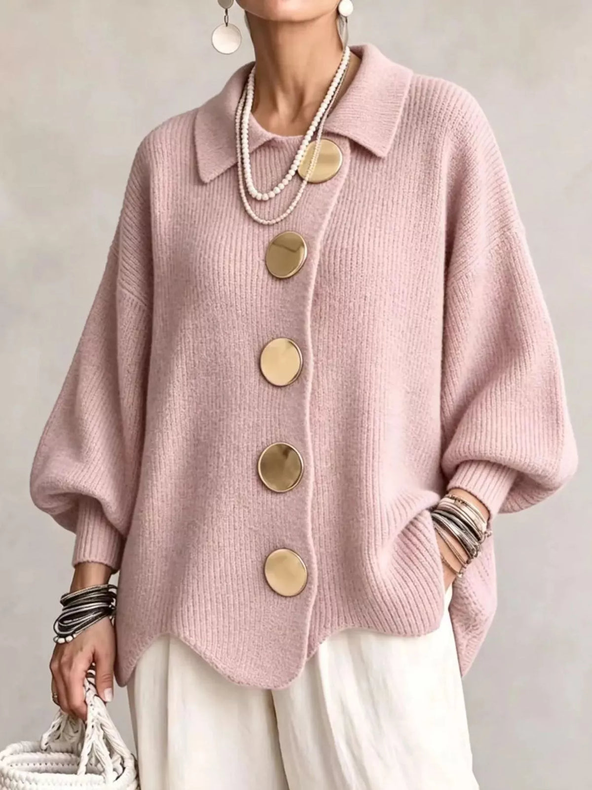 Full Size Gold Buttons Lantern Sleeve Cardigan Plus Size - Lilixa.store