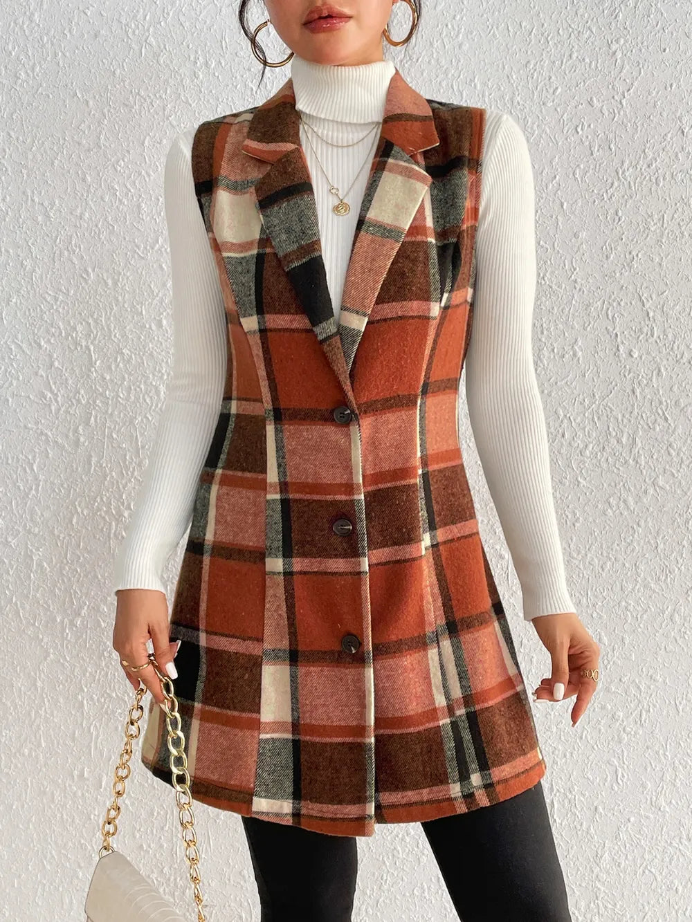 Honey Plaid Button Up Vest Coat, view 8