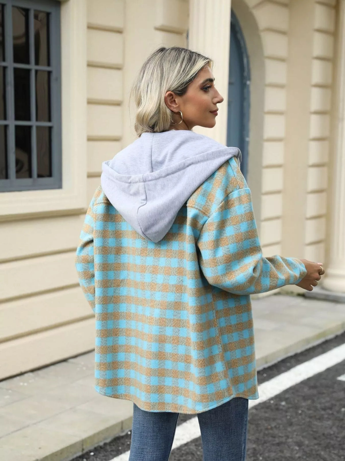 Plaid Button Up Long Sleeve Drawstring Hooded Jacket, view 21