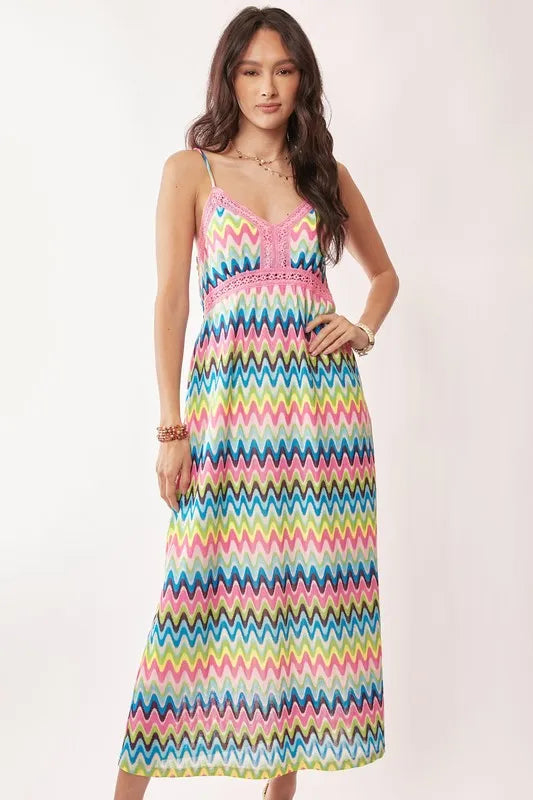 Davi & Dani Multi Color Crochet Lace Midi Dress - Lilixa.store