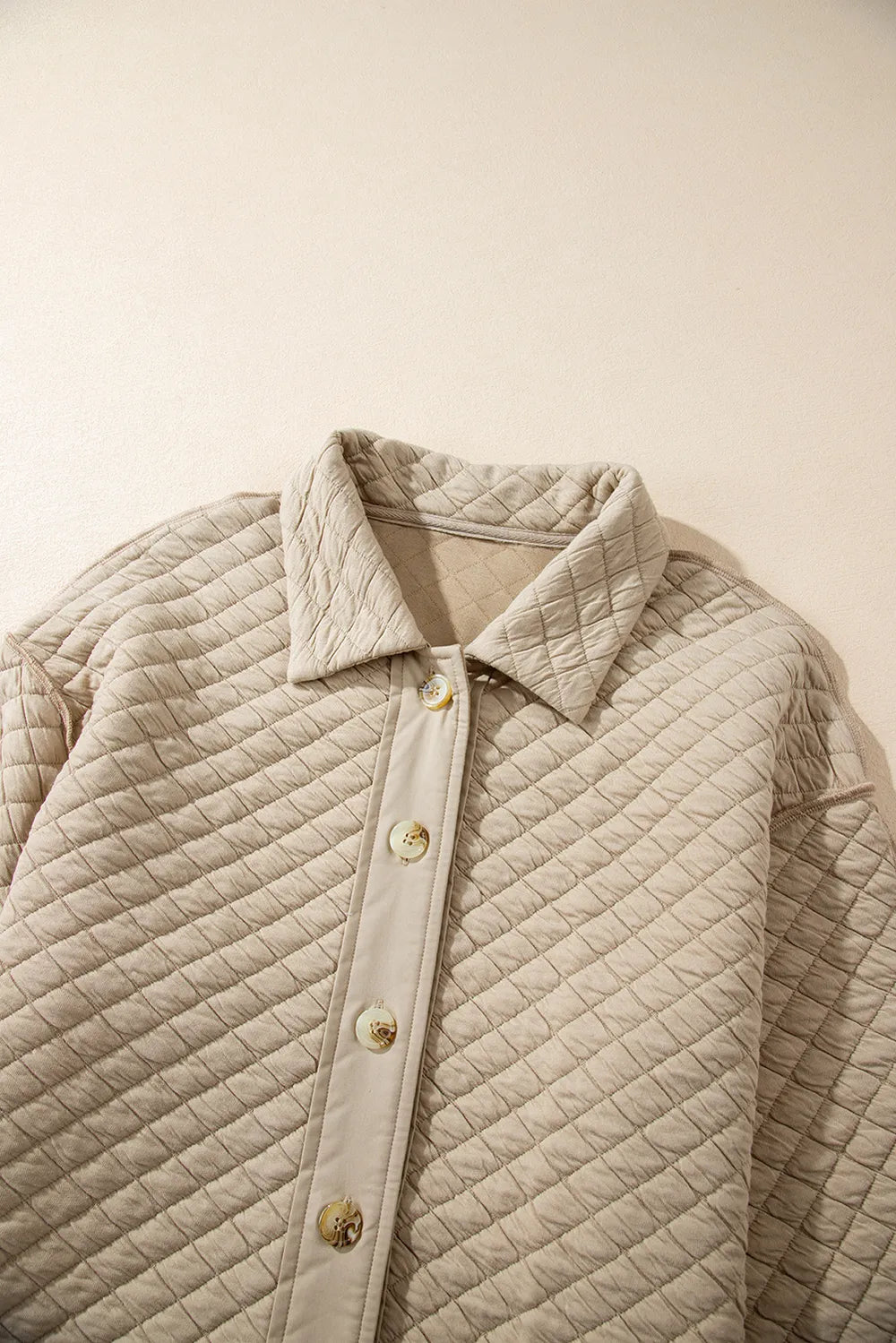 Exposed Seam Collared Neck Button Up Shacket in Beige, view 7