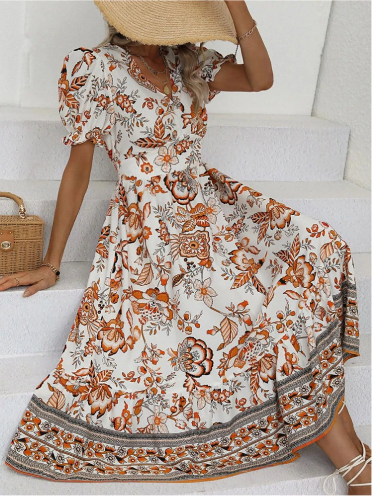 Floral Print Puff Sleeve Wrap Midi Dress