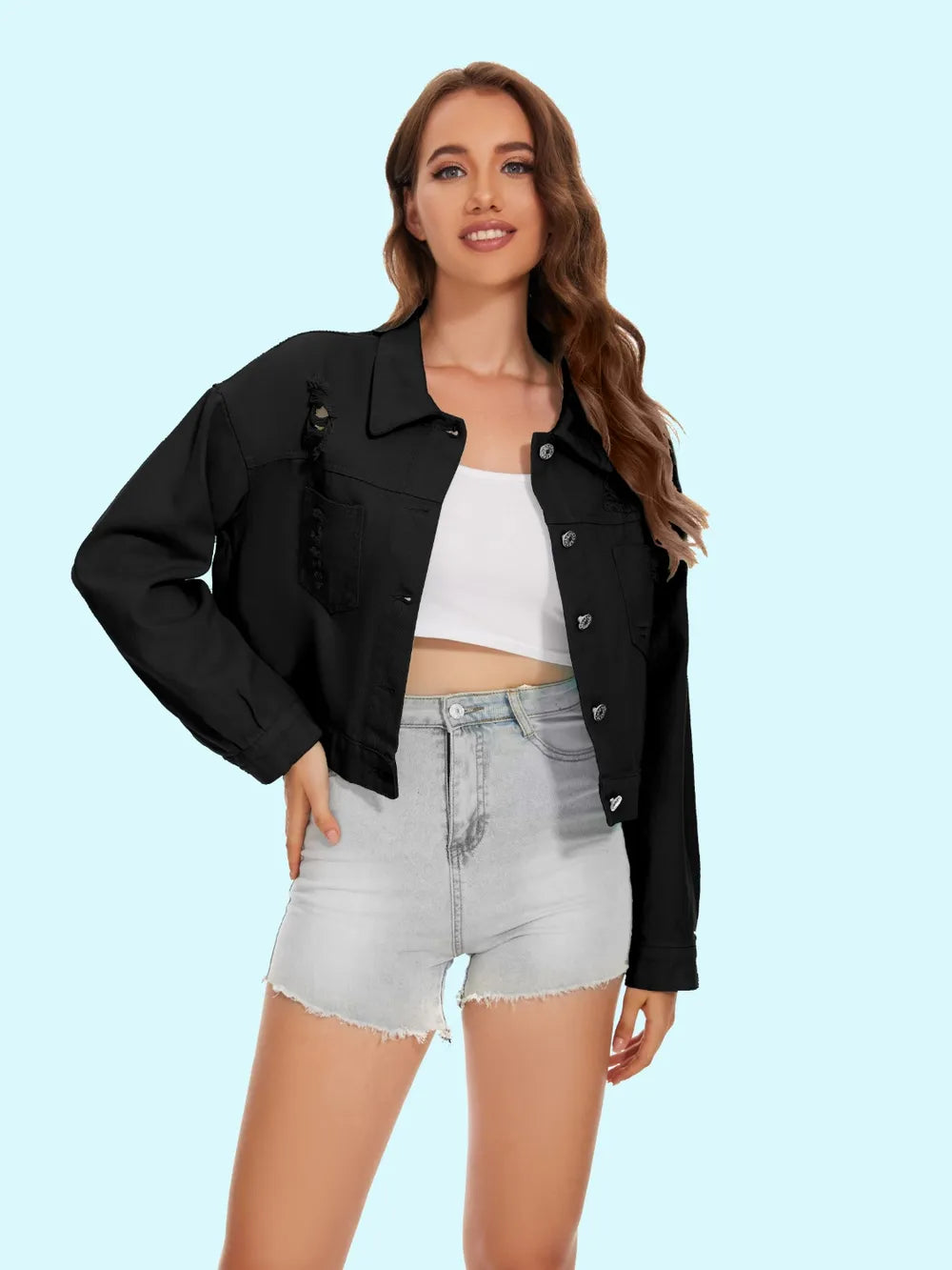 Distressed Distressed Button Up Denim Jacket in Black