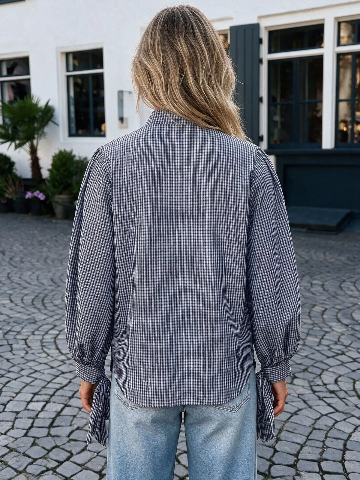 Gingham Button Up Shirt with Tie-Sleeve Detail in Navy, view 7