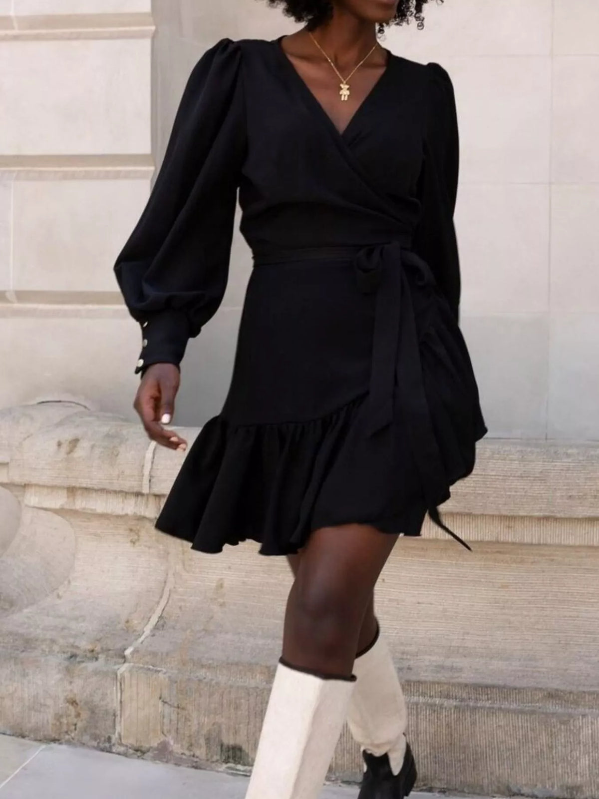Printed Surplice Long Sleeve Wrap Mini Dress - Lilixa.store