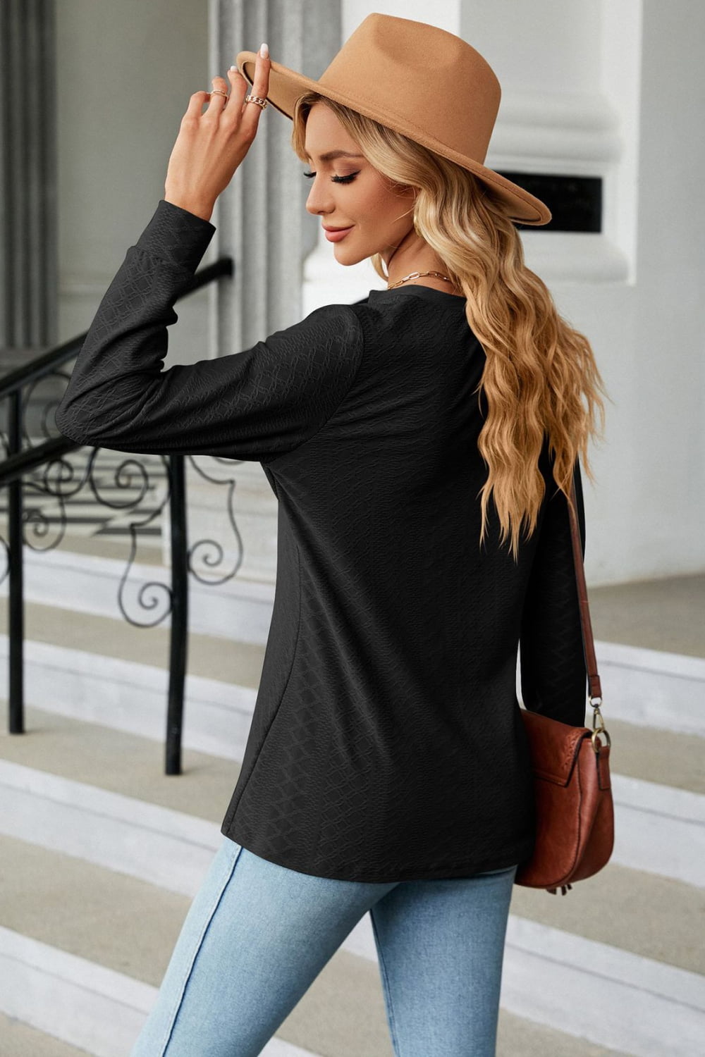 Notched Neck Long Sleeve Buttoned Blouse, view 6