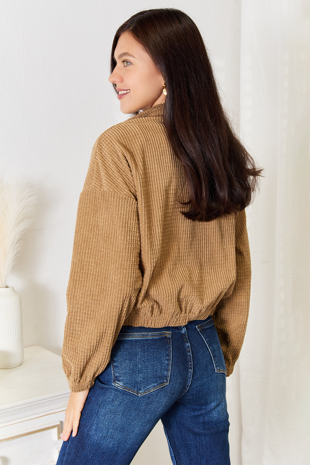 Perfee Long Sleeve Dropped Shoulder Jacket in Camel, view 2