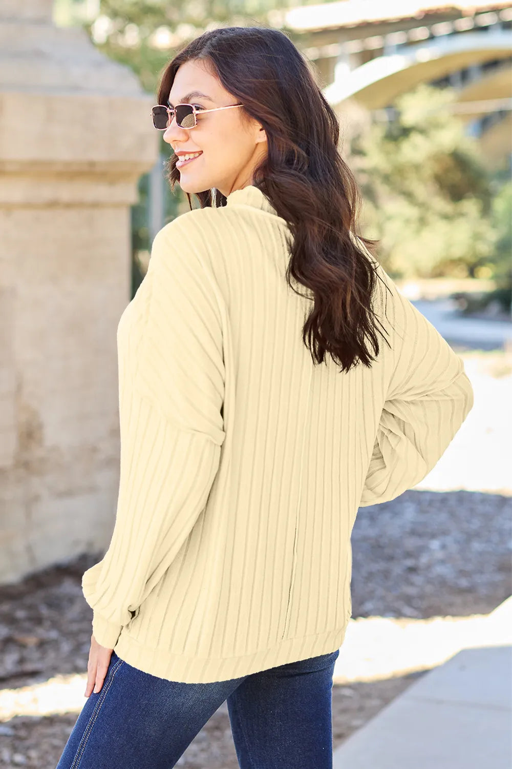 Basic Bae Full Size Ribbed Exposed Seam Mock Neck Knit Top - Lilixa.store