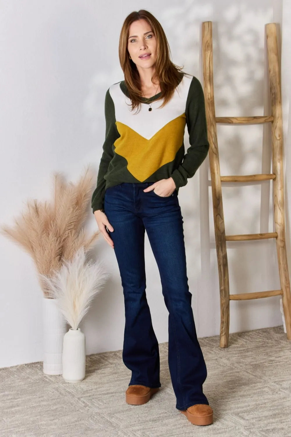 Hailey & Co Full Size Colorblock V-Neck Blouse - Lilixa.store