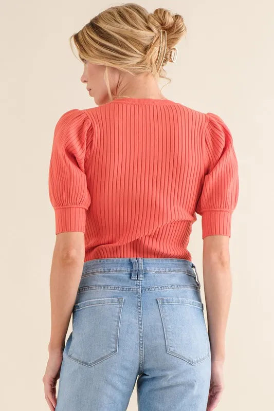 And The Why Puffed Half Sleeve Rib Basic Bodysuit - Lilixa.store