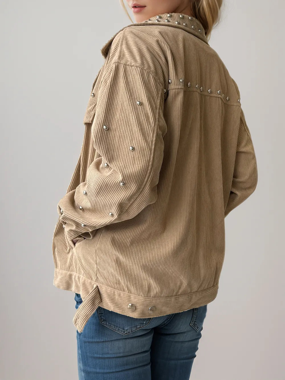 Studded Collared Neck Button Up Jacket - Lilixa.store