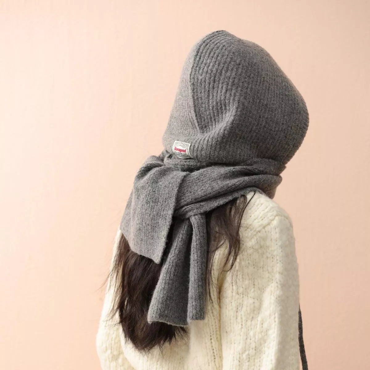 Cozy Knit Tie Scarf with Hooded Design, view 3