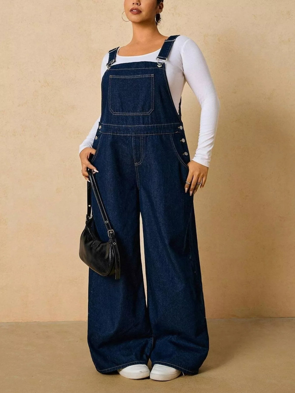 Plus Size Adjustable Strap Wide-Leg Denim Overalls