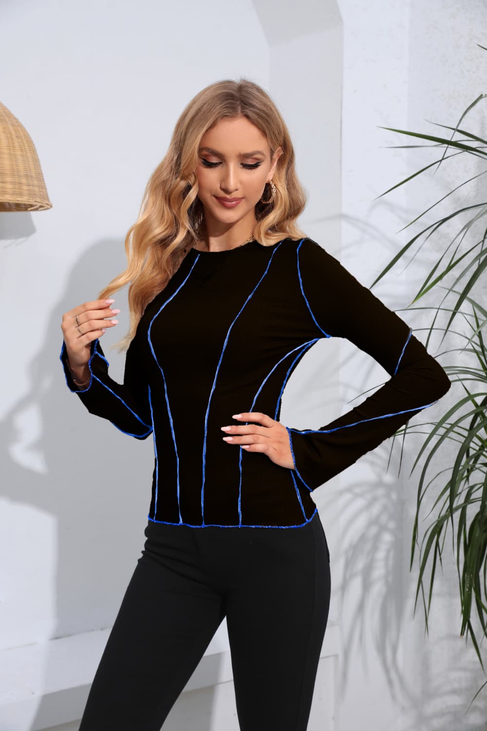 Ribbed Round Neck Long Sleeve Blouse, view 2