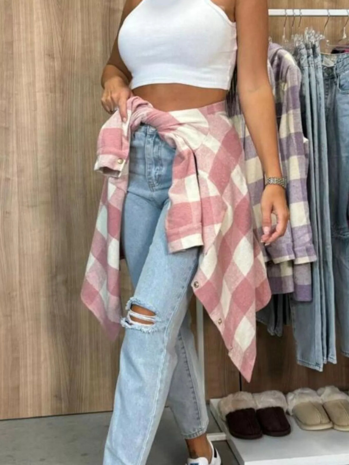 Plaid Button-Down Long Sleeve Shacket, view 6