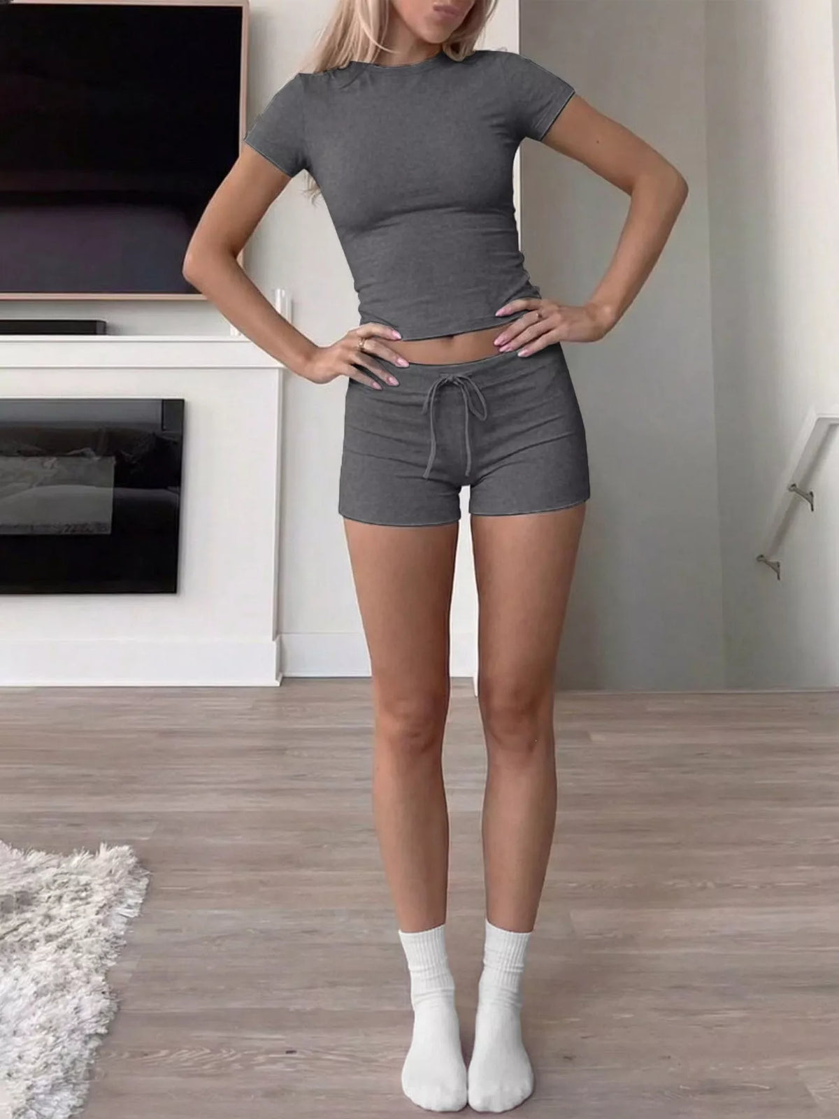 Mock Neck Crop Top and Drawstring Shorts Set - Lilixa.store