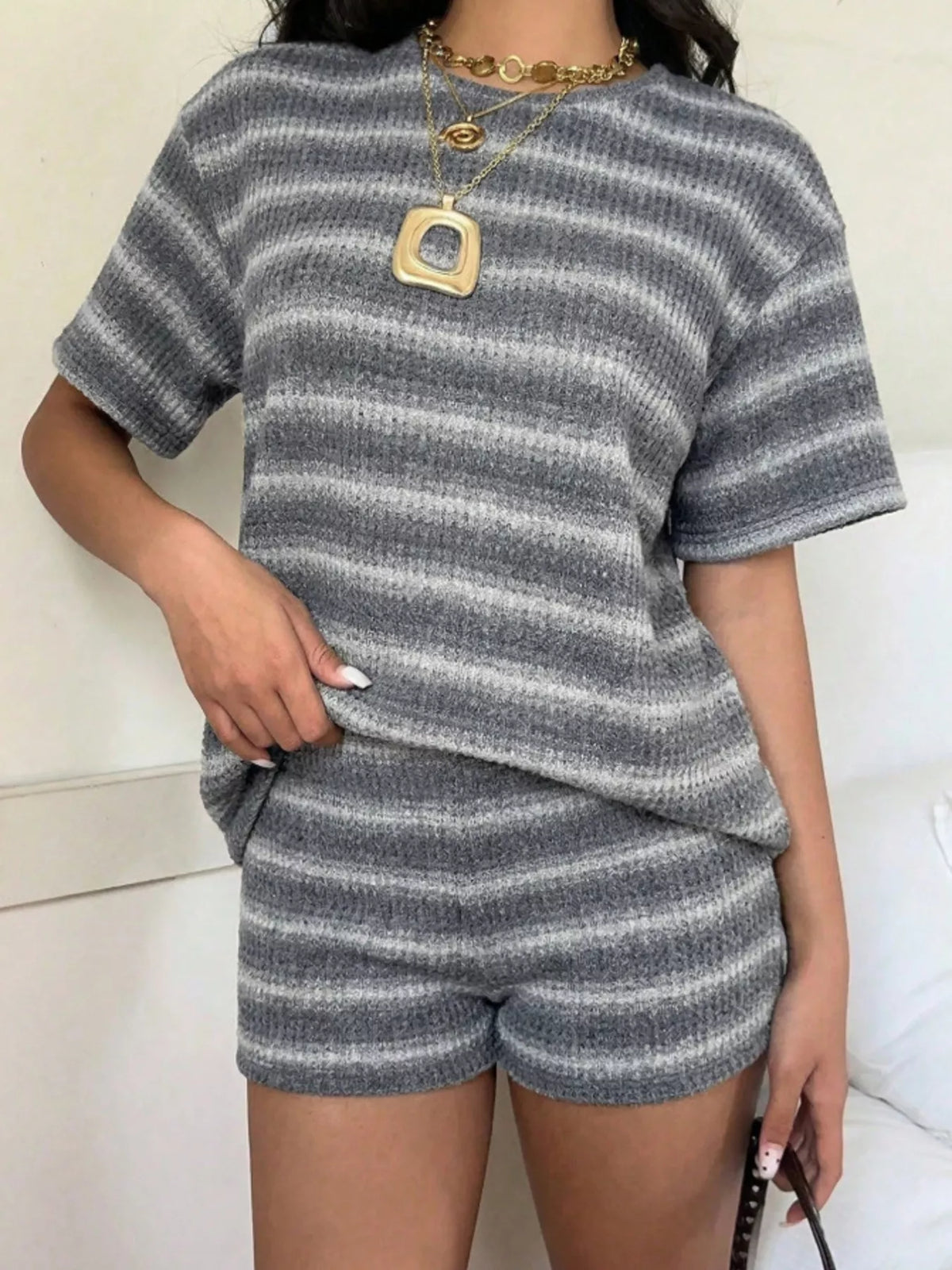 Striped Textured Knit Top and Shorts Set, view 14