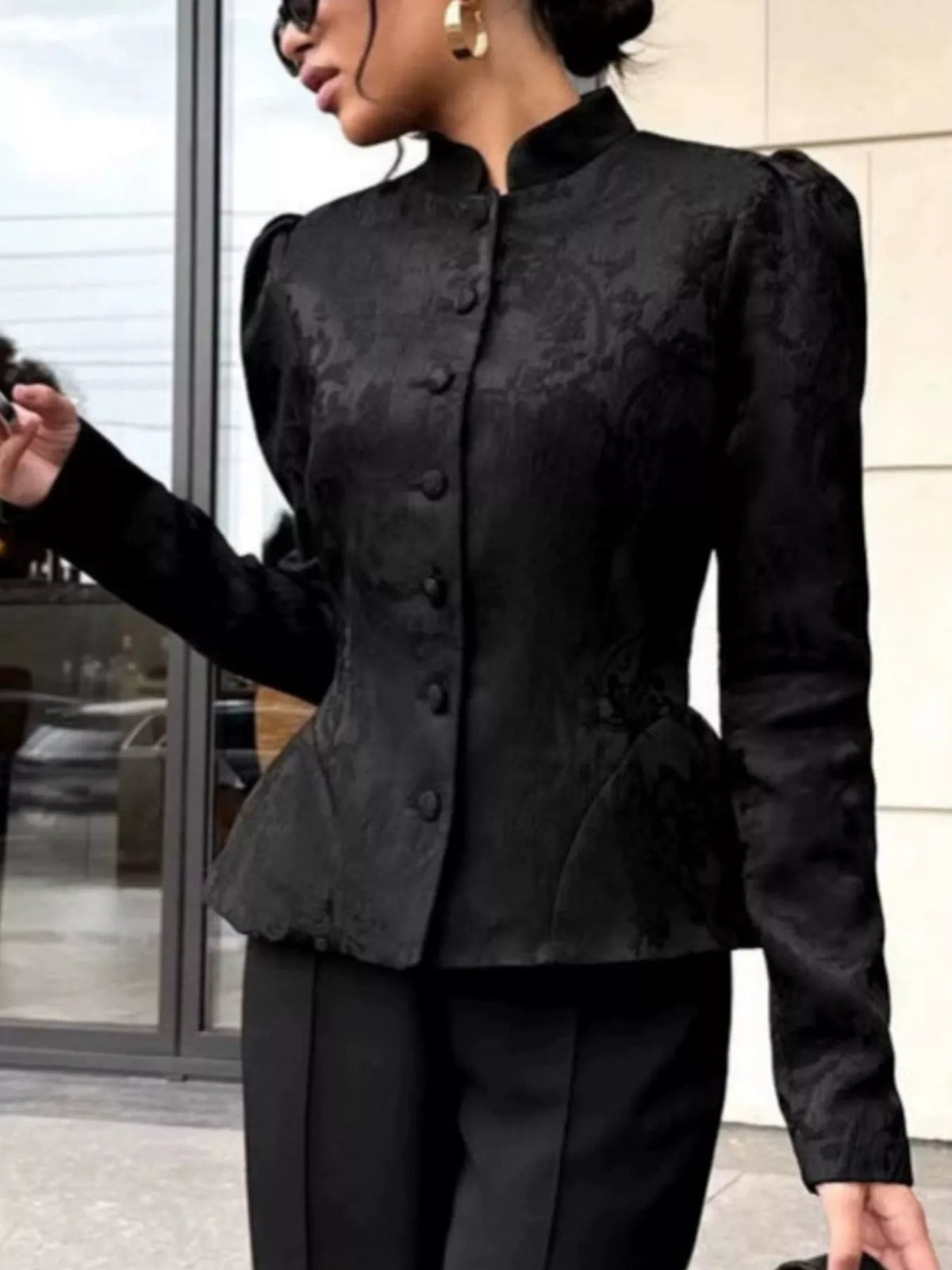 Jacquard Peplum Puff Sleeve Outerwear - Lilixa.store