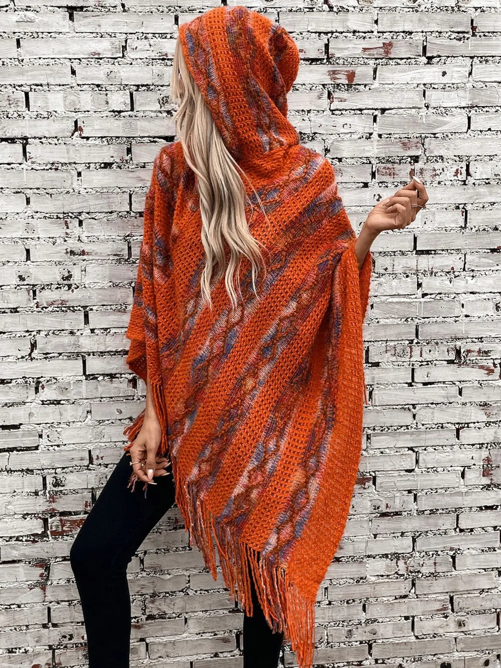Fringe Contrast Hooded Poncho, view 3