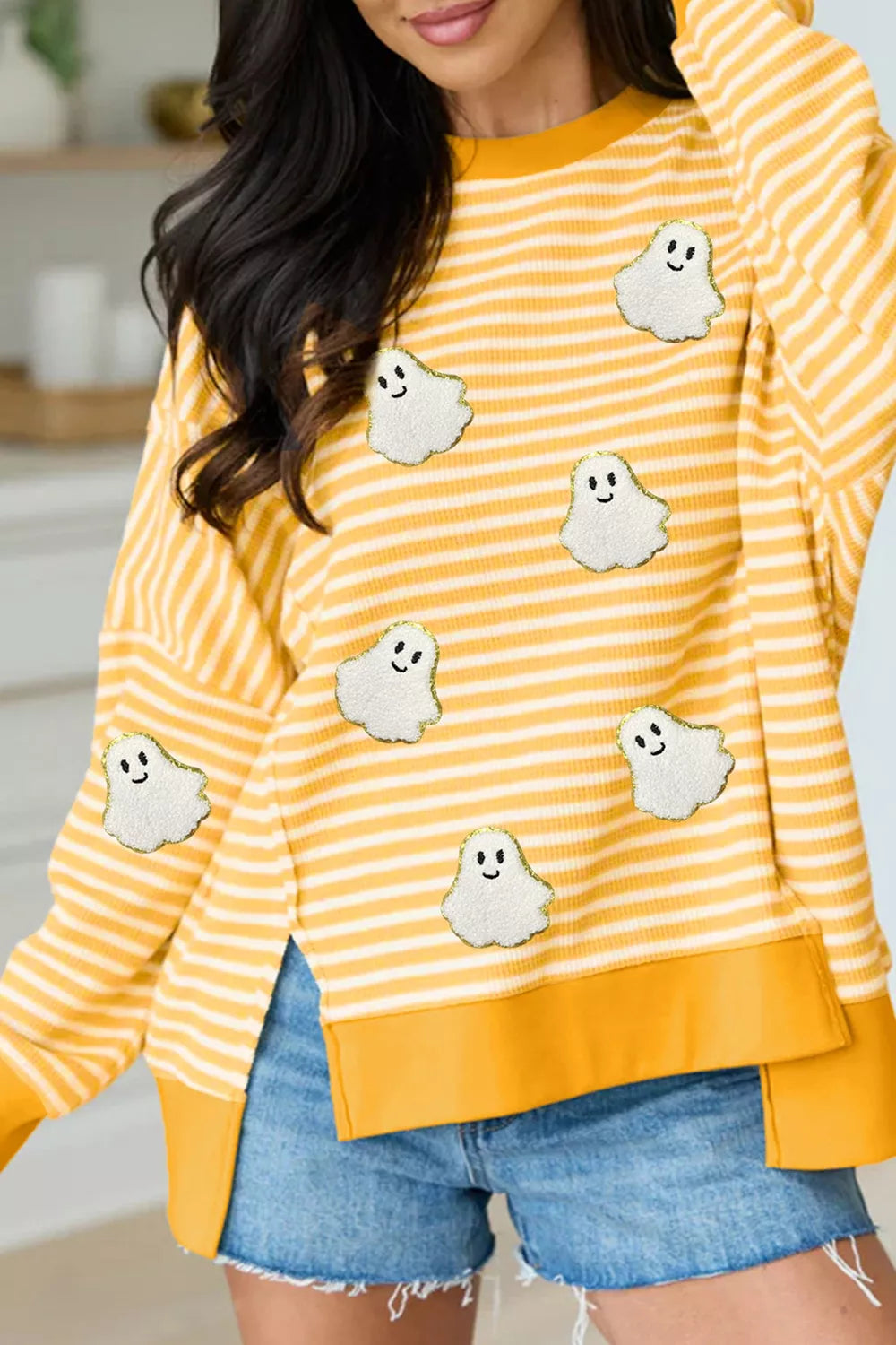 Stripe Halloween Ghost Patch Round Neck Long Sleeve Top - Lilixa.store