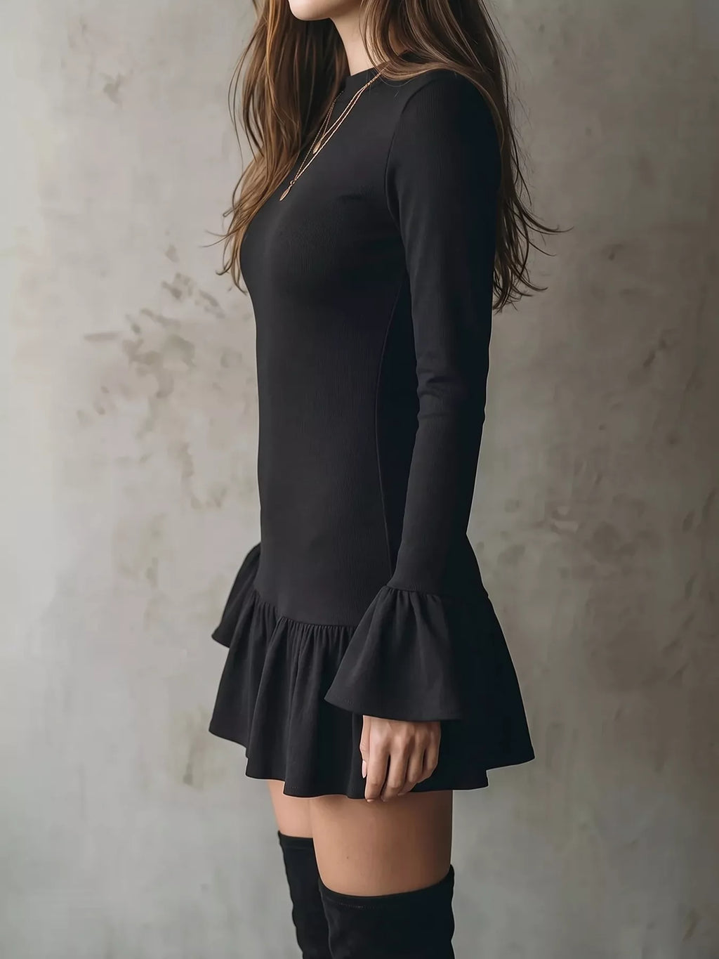 Long-Sleeve Ruffle Hem Mini Dress - Lilixa.store