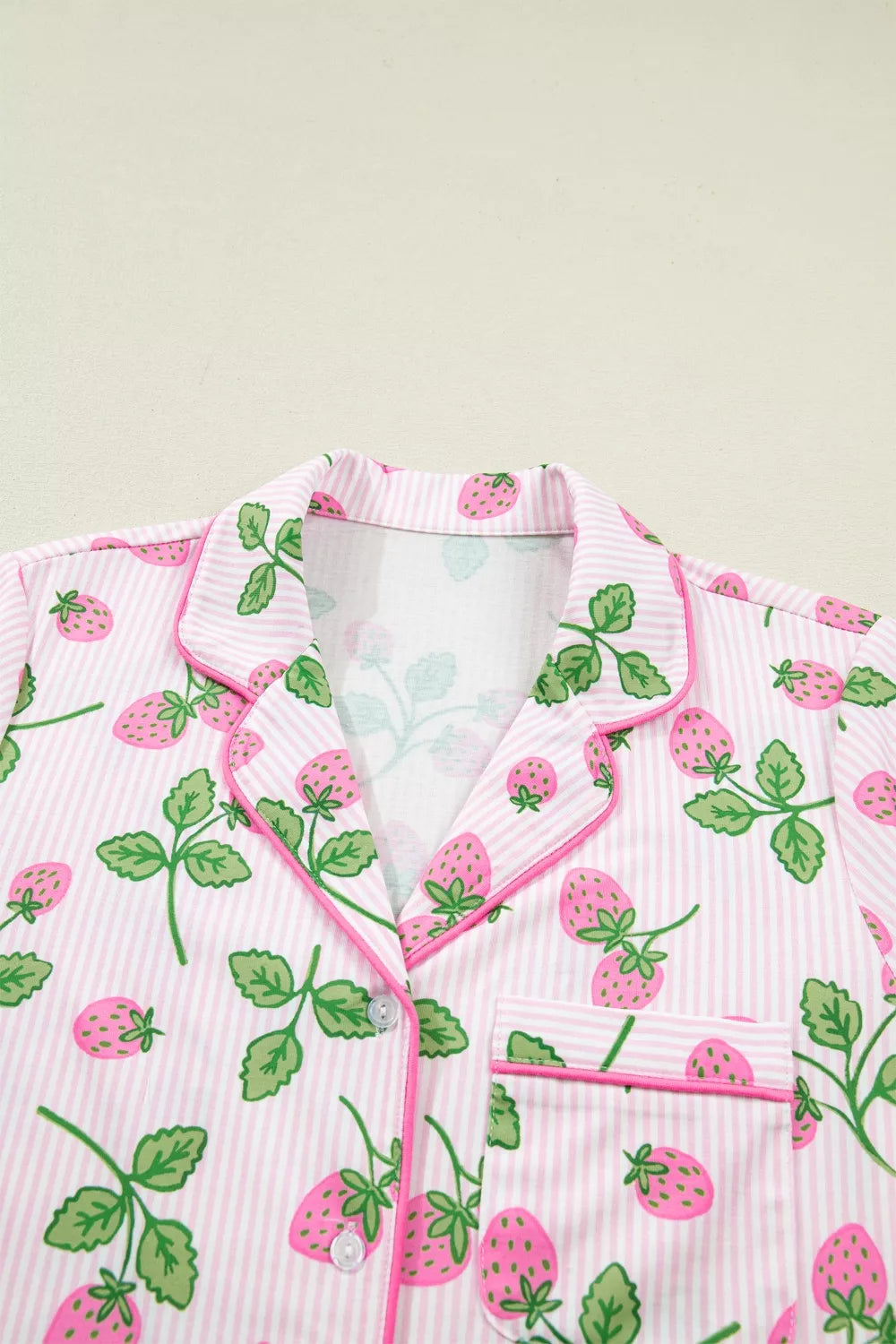 Striped Strawberry Print Lapel Shirt Drawstring Shorts 2pcs Pajama Set - Lilixa.store