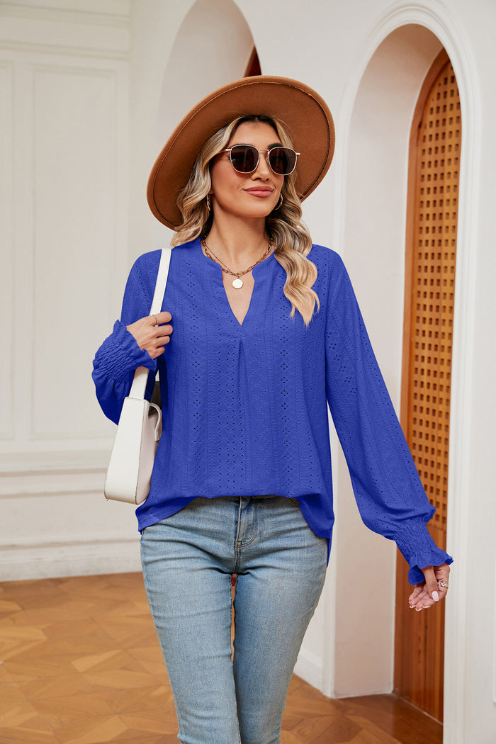 Notched Neck Flounce Sleeve Blouse in Royal Blue