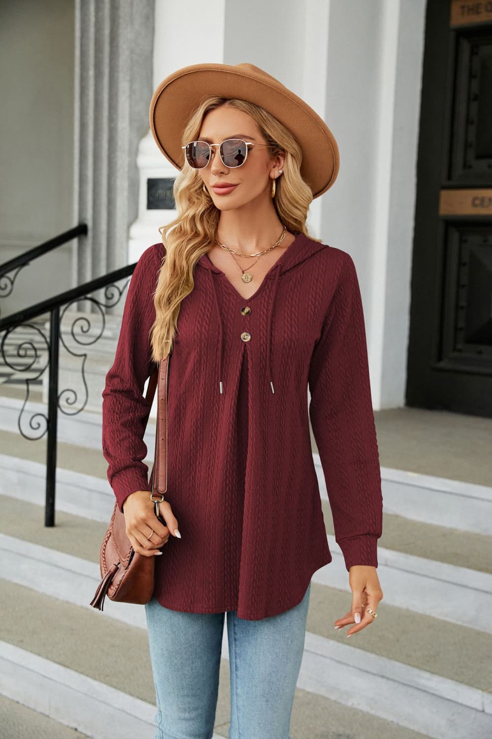 Long Sleeve Hooded Blouse in Wine