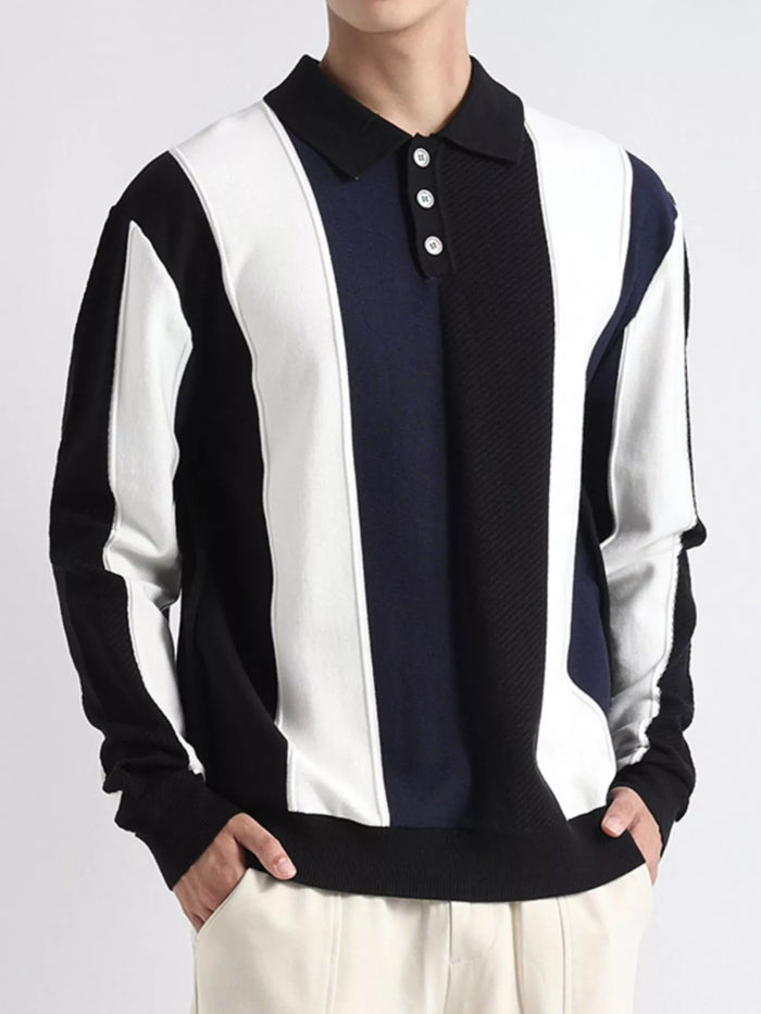 Men's Plus Size Color-Block Striped Polo Collar Knit Top - Lilixa.store