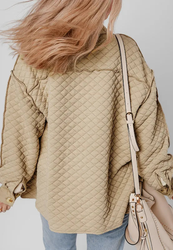 Exposed Seam Collared Neck Button Up Shacket in Beige, view 4