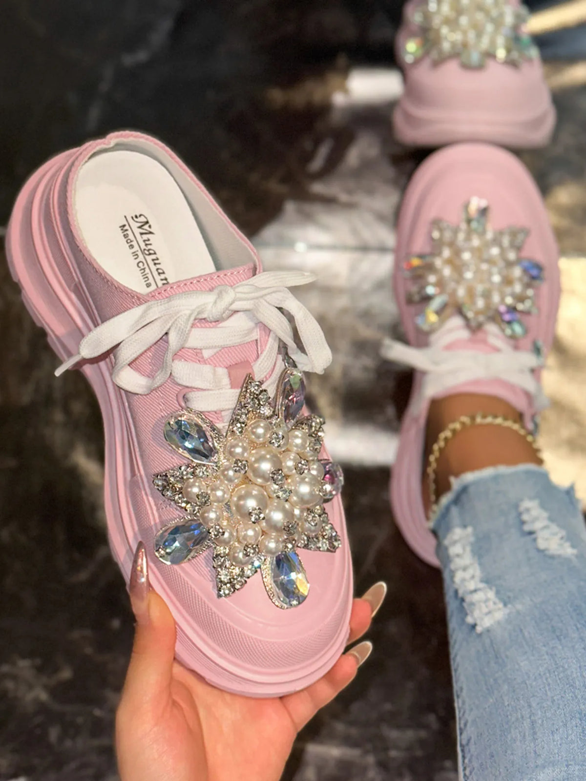 Pearl Embellished Platform Slip-Ons, view 4