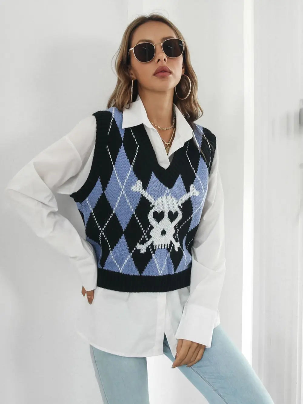 Skull Geometric V-Neck Sweater Vest in Black, view 5