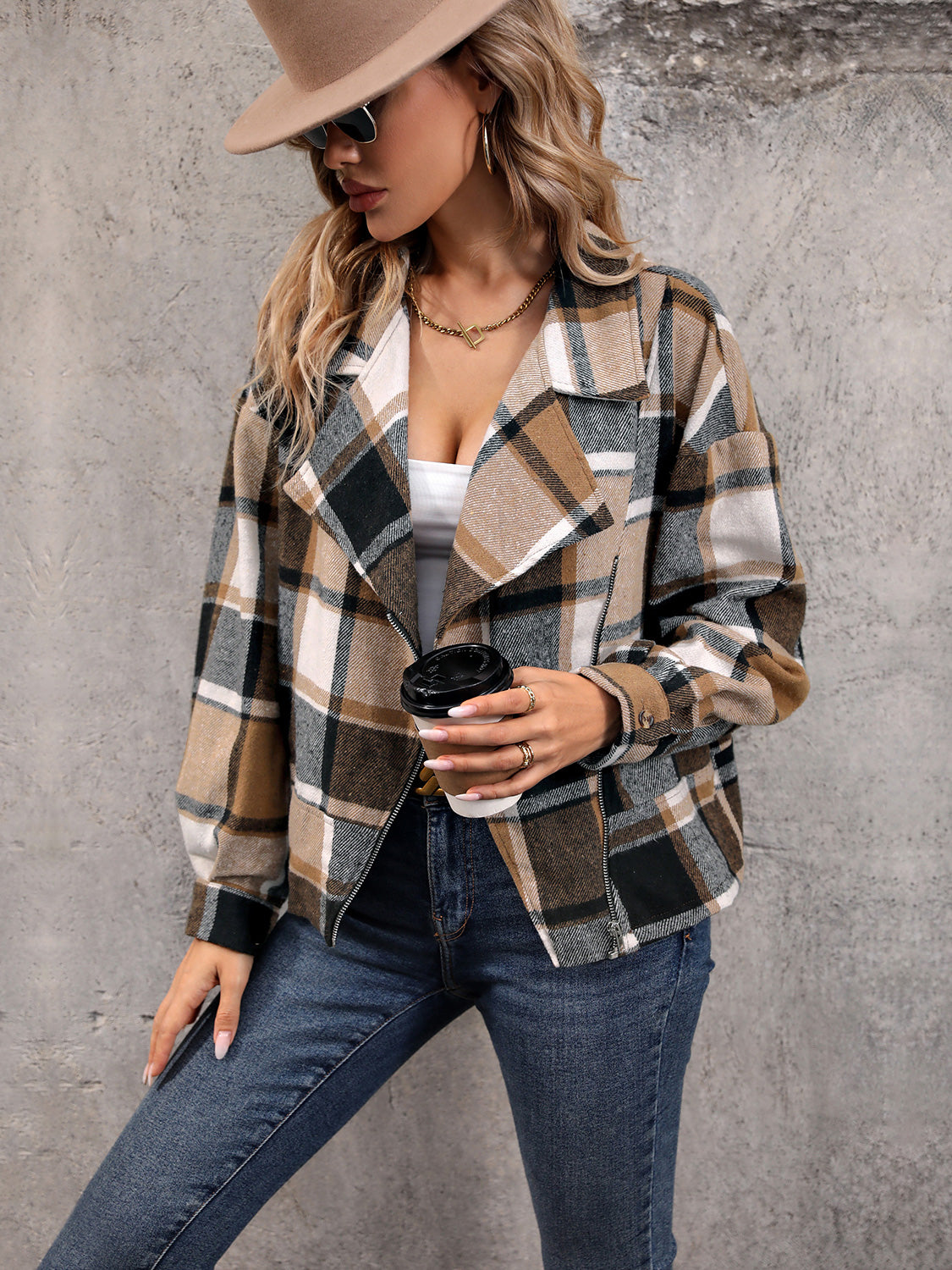 Perfee Plaid Collared Neck Long Sleeve Jacket in Camel, view 4