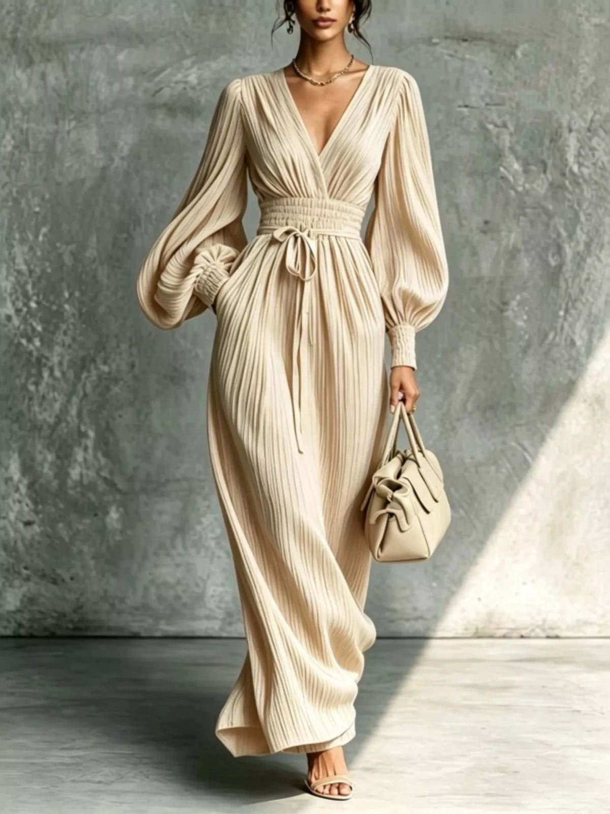 Elegant Pleated V-Neck Maxi Dress with Lantern Sleeves and Tie-Waist in Cream