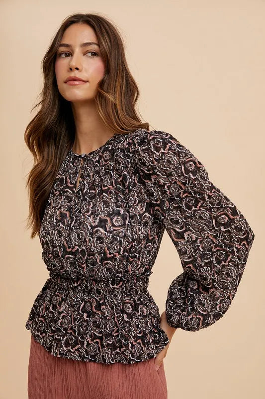 Annie Wear Abstract Print Balloon Sleeve Peplum Blouse - Lilixa.store