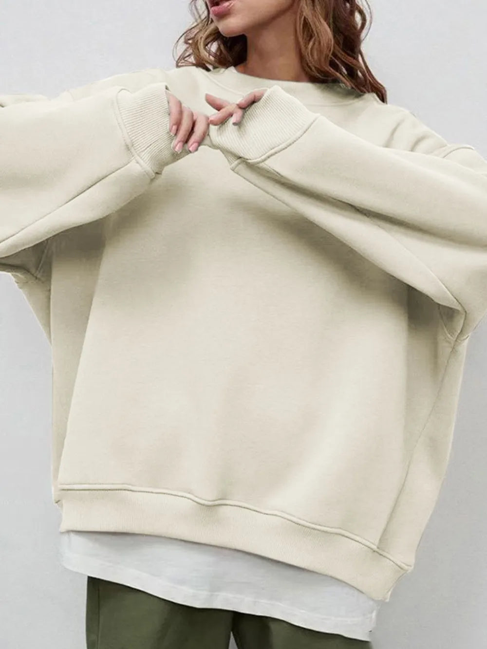 Round Neck Dropped Shoulder Long Sleeve Sweatshirt - Lilixa.store