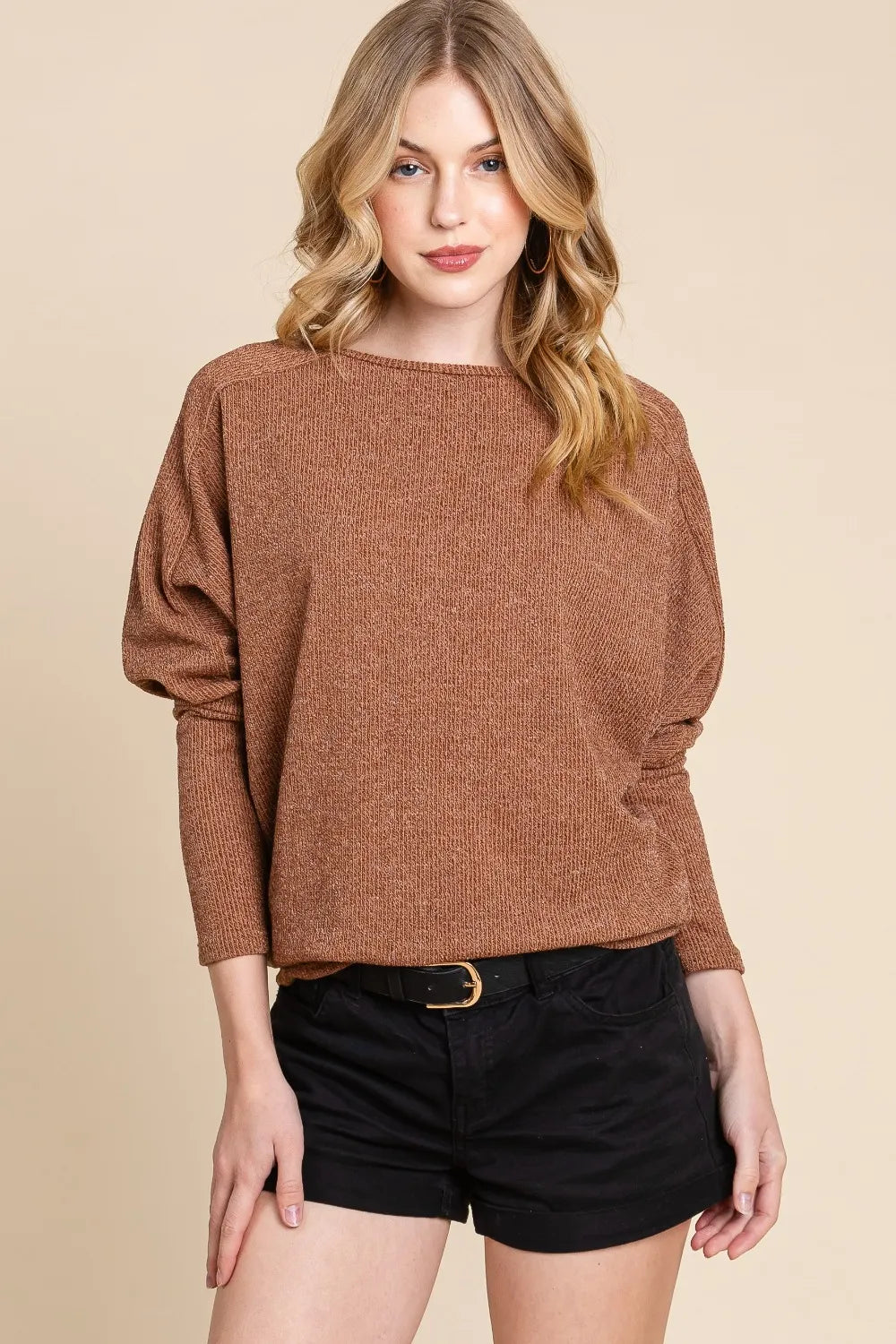 BOMBOM Drop Shoulder Long Sleeve Knit Top - Lilixa.store