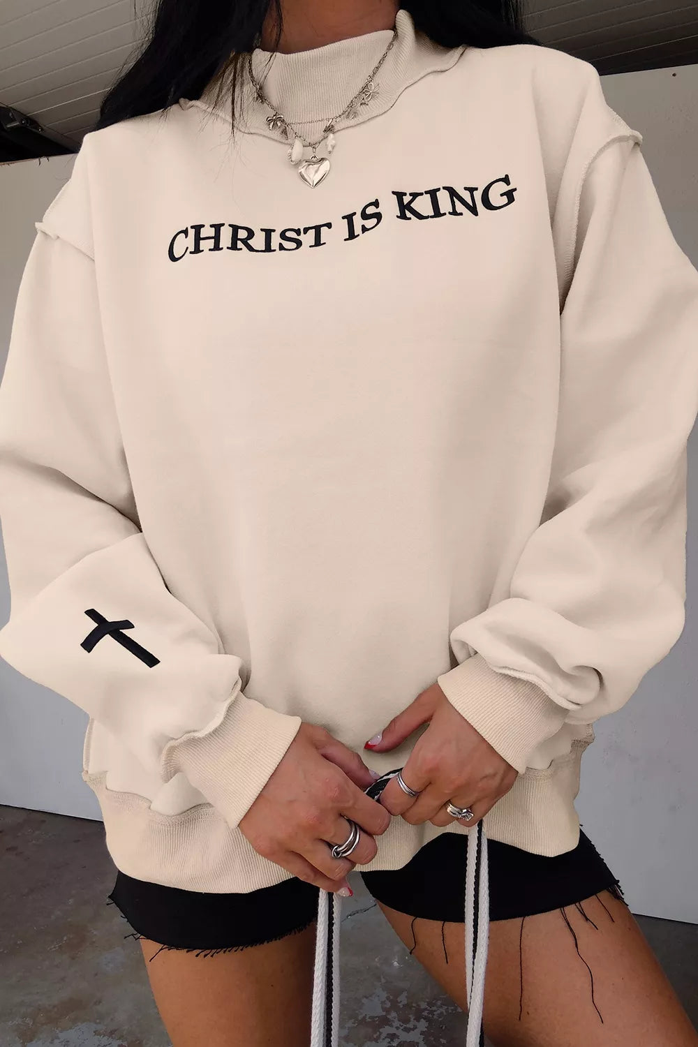 CHRIST IS KING Embroidery High Neck Baggy Sweatshirt - Lilixa.store
