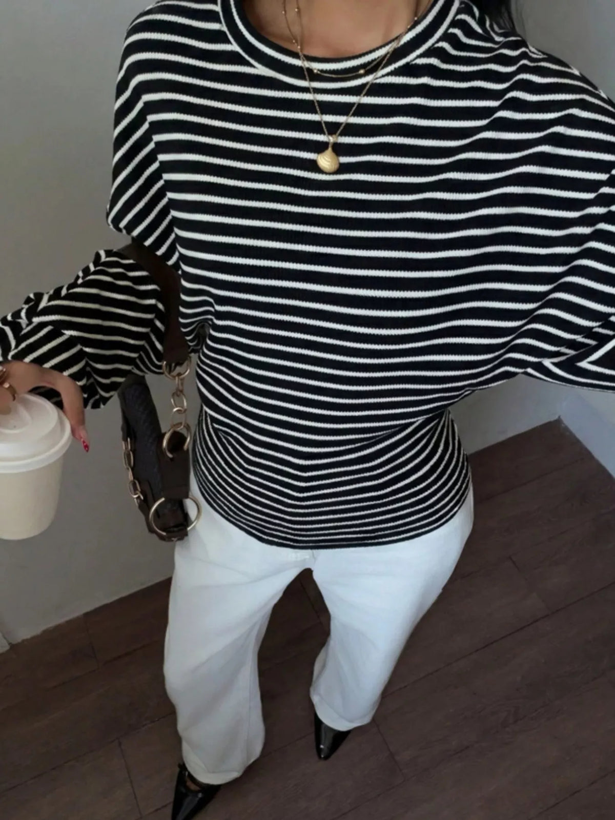 Casual Striped Long Sleeve Batwing T-Shirt in Black