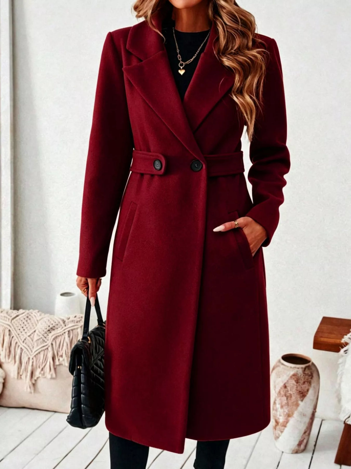 Full Size Elegant Lapel Collar Belted Coat with Pockets Plus Size in Burgundy