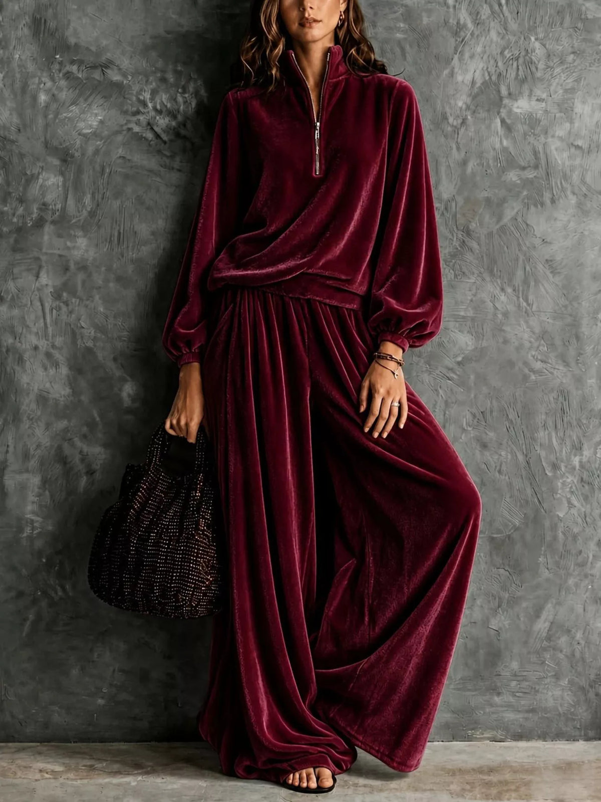 Quarter-Zip Sweatshirt and Wide-Leg Pants in Wine Red