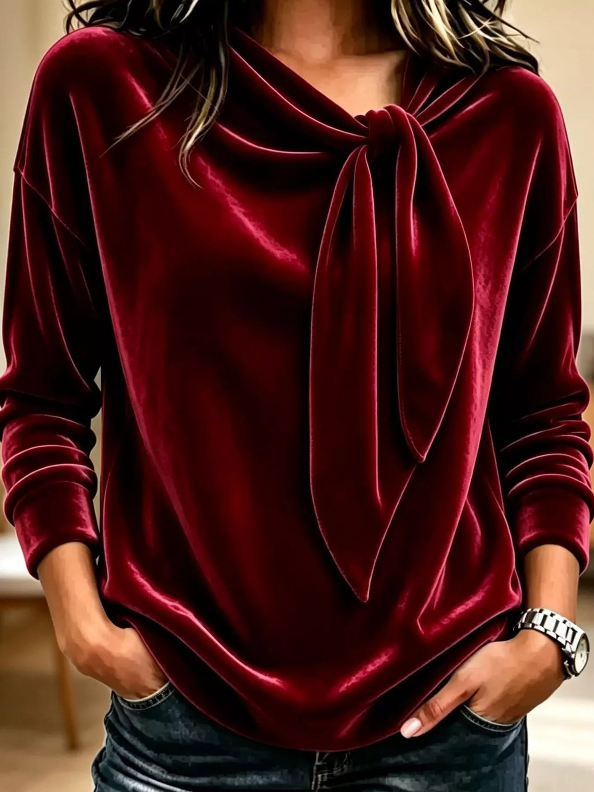 Velvet Tie Front Long Sleeve Sweatshirt - Lilixa.store