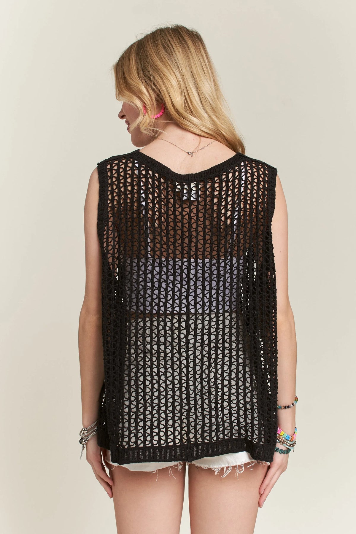 ADORA Button Down Crochet Vest Top in Black, view 4