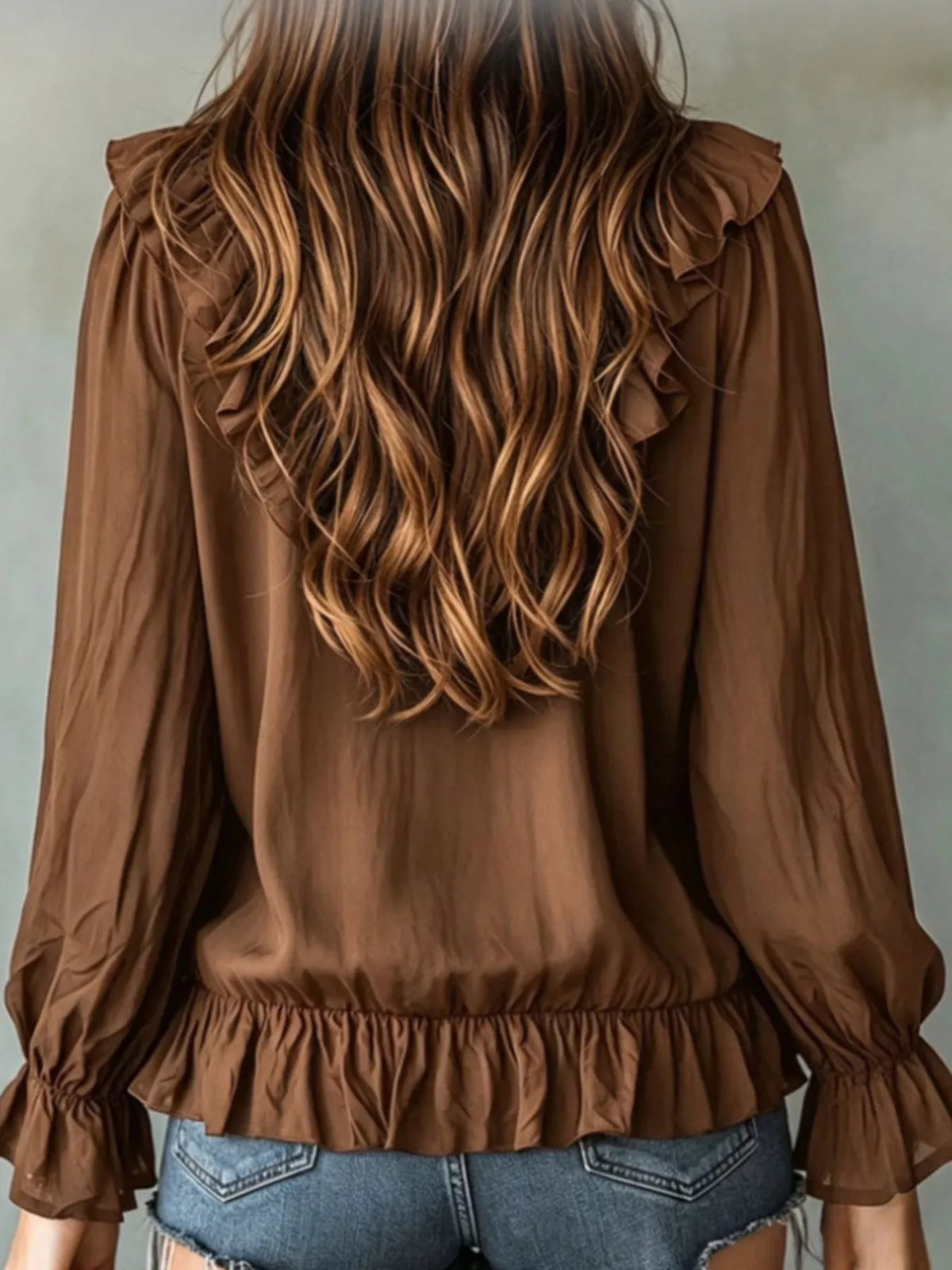 Ruffle V-Neck Long Sleeve Blouse, view 10