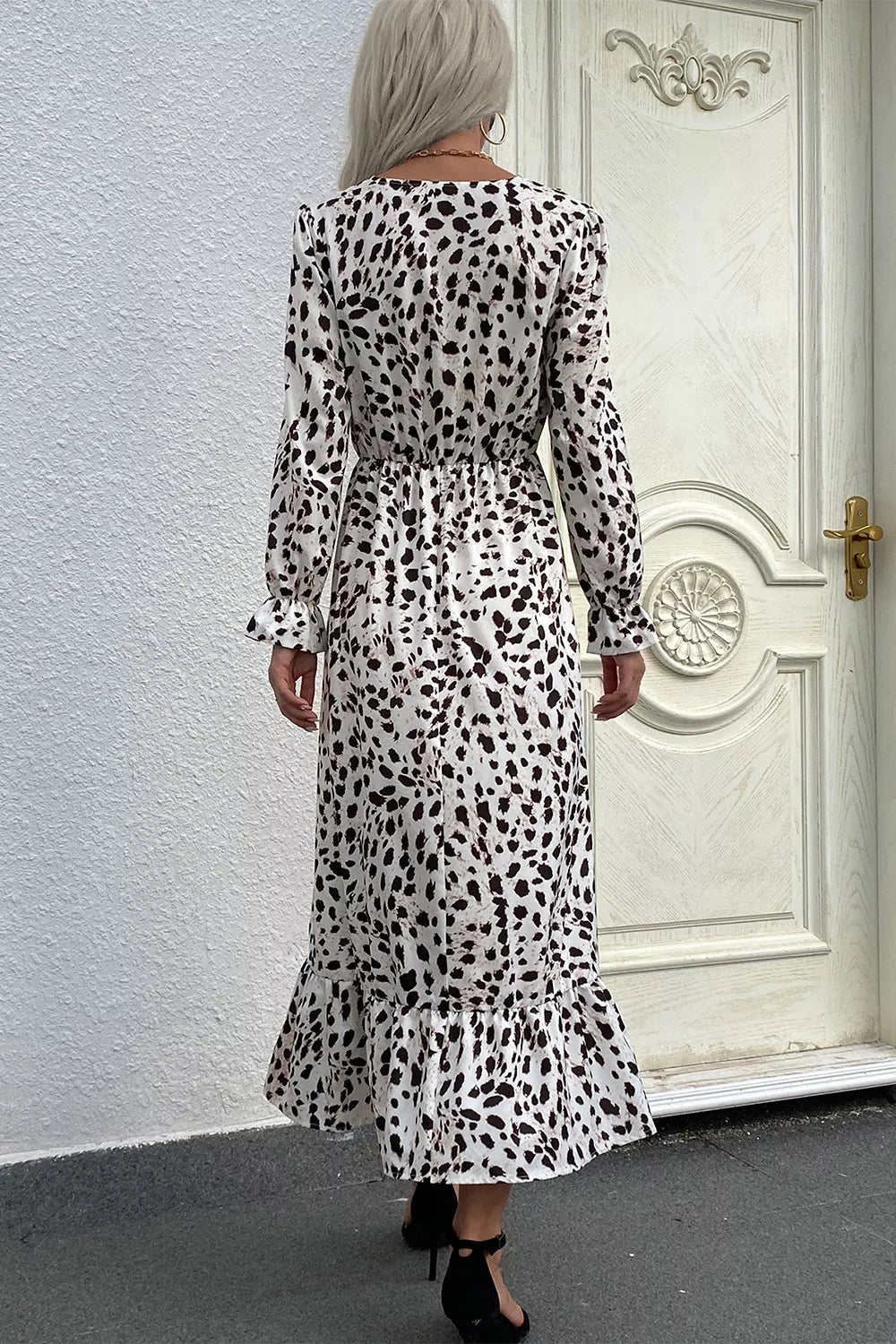 Slit Ruffled Hem Flounce Sleeve Midi Dress