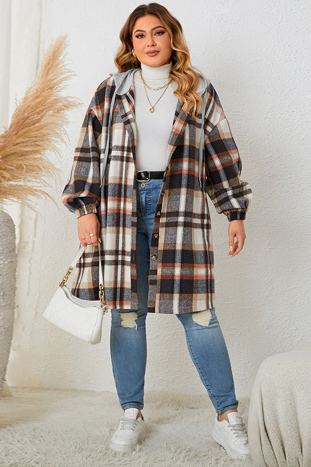 Honey Plus Size Plaid Drop Shoulder Hooded Coat - Lilixa.store