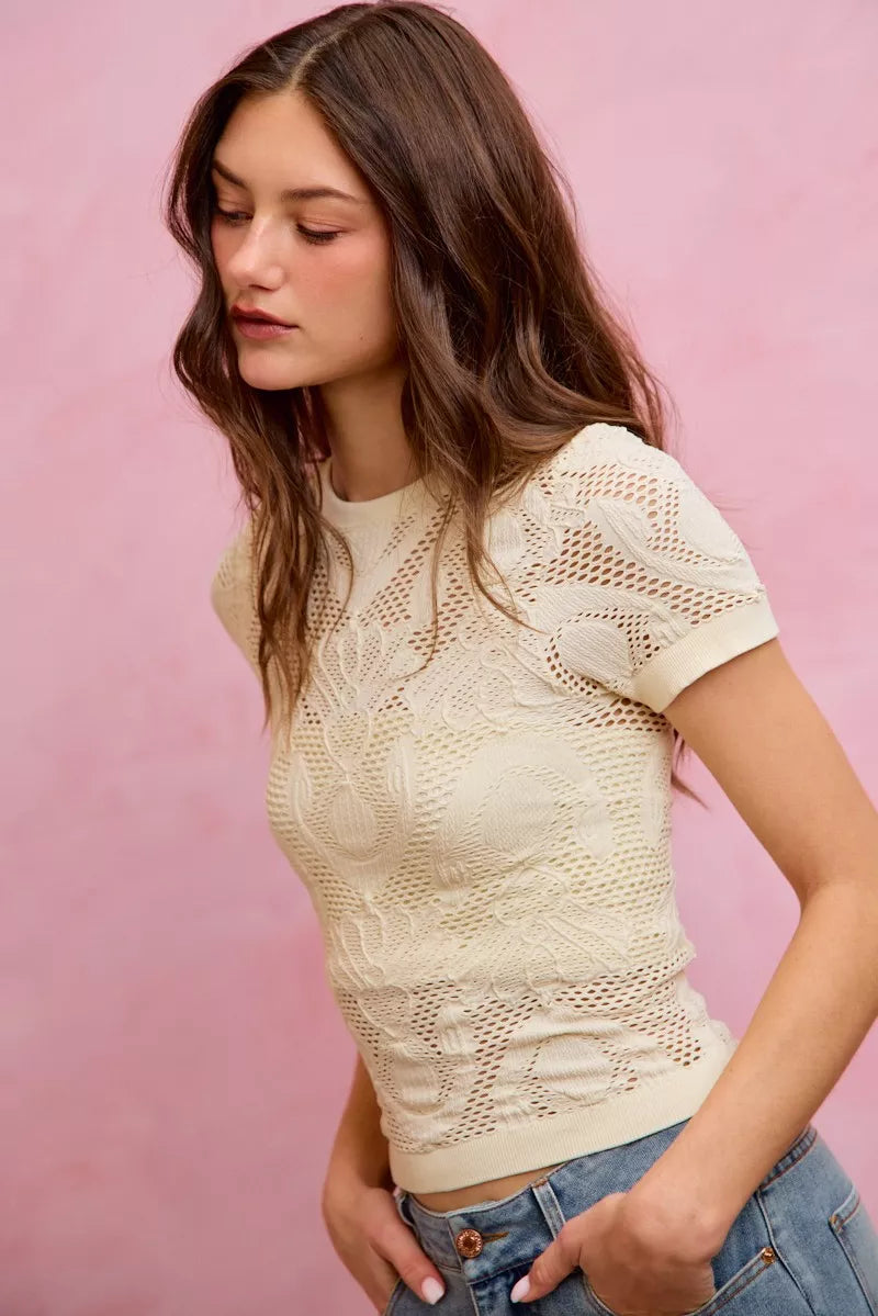 SO ME Floral Perforated Seamless Active Short Sleeve Top - Lilixa.store