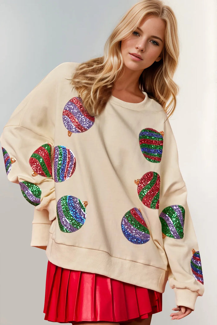 Double Take Christmas Element Sequin Round Neck Long Sleeve Sweatshirt in Cream